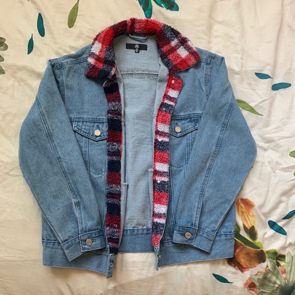 Missguided Plaid Lined Oversized Denim Jacket